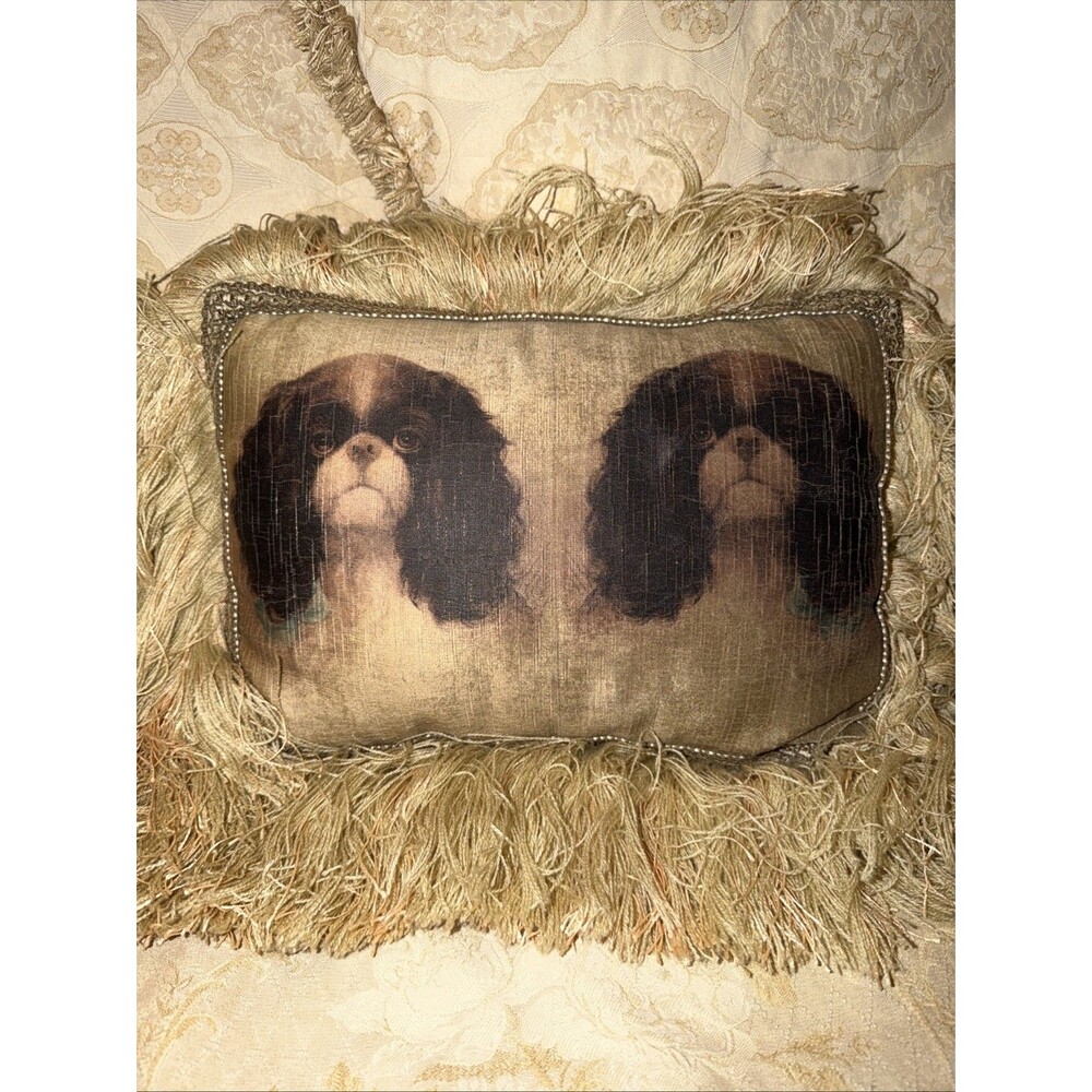 Pulvermacher Designs NYC King Charles Spaniel Dogs Throw Pillow Fringe Decor Tan